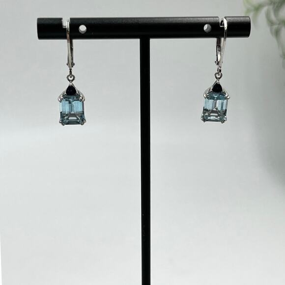 BBJ 925 Sterling Silver Emerald Cut Blue Topaz Sm Sapphire Lever back Earrings - Picture 1 of 9